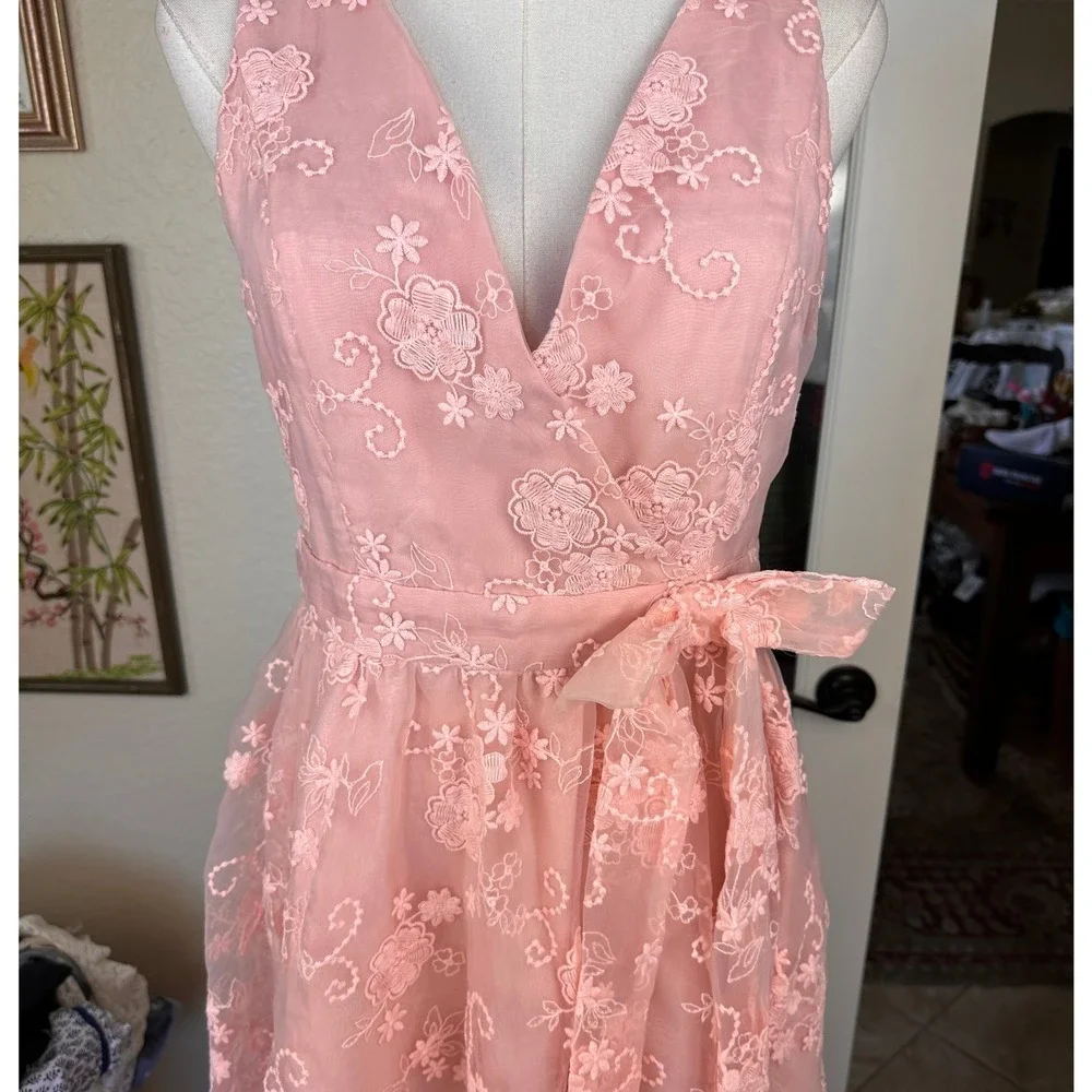 Fehaute SZ6 Pink Floral Lace Midi Dress Wrap V-Neck Sleeveless Pockets lined Bow